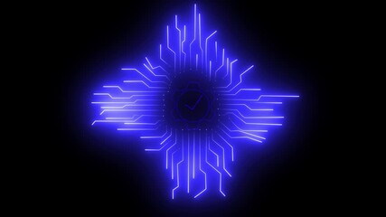 cyber security blue circuit lines and lock logo on black background.Digital circuit AI interface on black wallpaper. 4K animation.Artificial intelligence and computing concept. 3D Rendering animation - Powered by Adobe