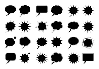 Collection of Black Speech Bubbles and Thought Bubbles on White Background