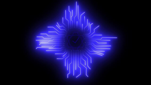 cyber security blue circuit lines and lock logo on black background.Digital circuit AI interface on black wallpaper. 4K animation.Artificial intelligence and computing concept. 3D Rendering animation - Powered by Adobe