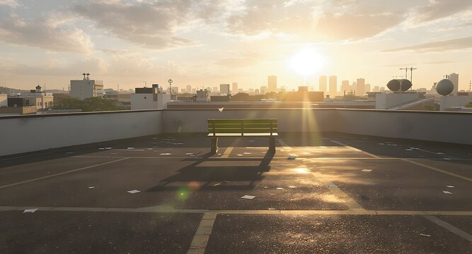Bench on Rooftop at Sunrise Over City Skyline Scenic View