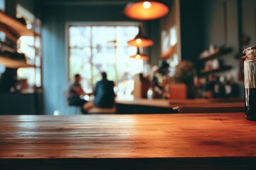 Empty wooden cafe table in front of blurred interior