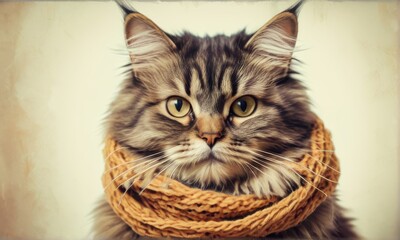 Obraz premium Longhaired Tabby Cat in Orange Knitted Scarf