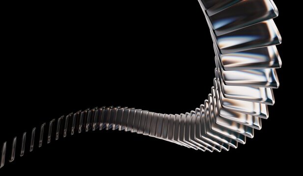 3D illustration of abstract black 3D background with glass dispersion holographic, futuristic digital tech background, and closeup of connected crystal rings with neon green white light texture