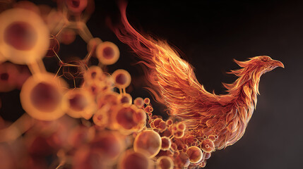 Molecular structure morphing into a fiery phoenix rising from scaled patterns.