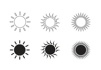 Collection of six stylized sun icons in black and white