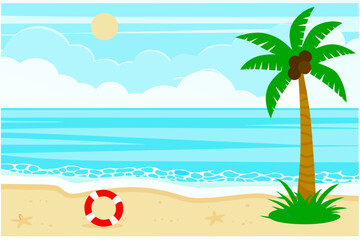 A cartoon illustration of a beach scene with a palm tree and lifebuoy