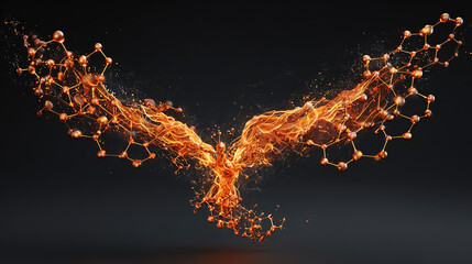 Molecular structure morphing into a fiery phoenix rising from scaled patterns.