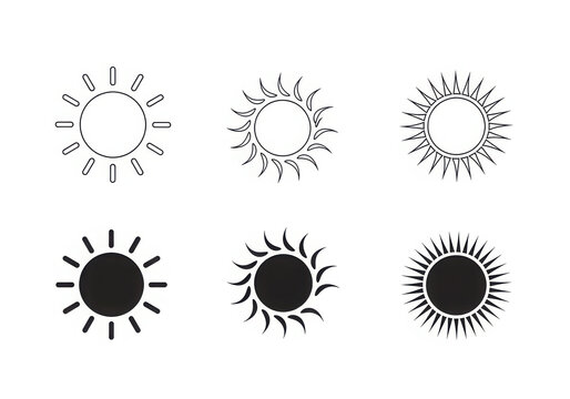 Collection of six stylized sun icons in black and white