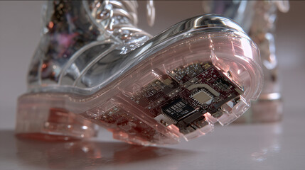 Close-up of clear vinyl women’s boot with metallic silver sole and circuit board outsole for high-fashion editorial