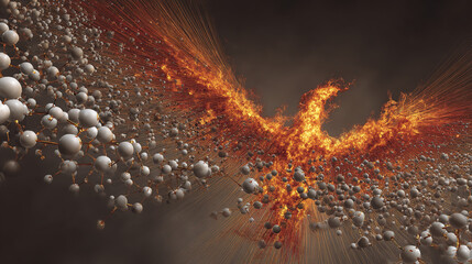 Molecular structure morphing into a fiery phoenix rising from scaled patterns.