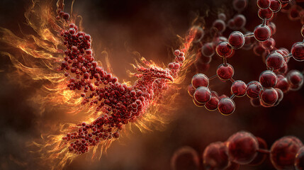 Molecular structure morphing into a fiery phoenix rising from scaled patterns.