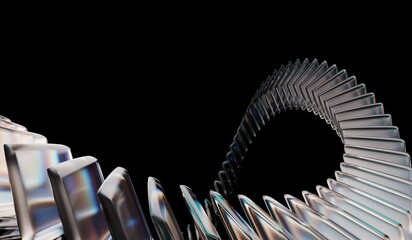 3D illustration of abstract black 3D background with glass dispersion holographic, futuristic digital tech background, and closeup of connected crystal rings with neon green white light texture