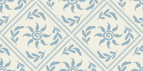 Summer seasonal Mediterranean seamless pattern background vector. Italian wallpaper of leaves branch, sun. Summer doodle design for fabric, prints, banner, packaging, tile.