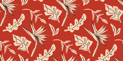 Summer seasonal Mediterranean seamless pattern background vector. Italian red  wallpaper of leaves branch,  tropical leaf flower. Summer doodle design for fabric, prints, banner, packaging, tile. © TWINS DESIGN STUDIO