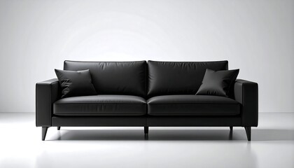 Sleek black leather sofa with square arms and two pillows sits on a white floor against a white wall