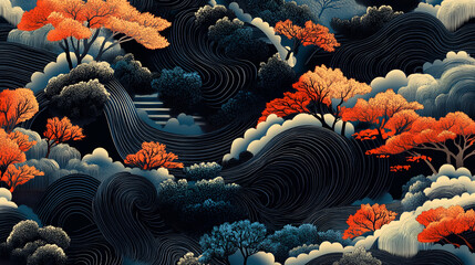 Traditional Japanese Floral Textile Pattern with Cherry Blossom and Wave Decorative Design background,generative ai	
