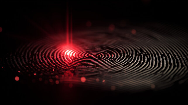 A fingerprint circulating on a biometric security technology concept with a hologram of red light in a dark background,