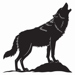 Fototapeta premium Black silhouette of a wolf howling on a rock against a white background