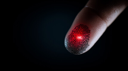 A fingerprint circulating on a biometric security technology concept with a hologram of red light in a dark background,