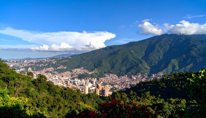 Obraz premium City nestled in mountains under a clear blue sky