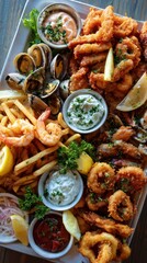 A platter of assorted fried seafood with dipping sauces and lemon wedges