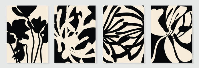 Abstract botanical poster vector set. Leaves, flower with watercolor and grain texture in monochrome. Illustration design for Eco packaging, interior, cover, wall art, wallpaper.