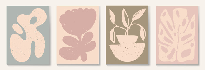 Fototapeta na wymiar Abstract botanical poster vector set. Leaves, flower, vase with watercolor and grain texture in earth tone colors. Illustration design for Eco packaging, interior, cover, wall art, wallpaper.