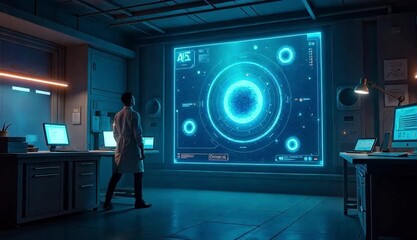 researcher analyzing futuristic digital interface in laboratory environment - Powered by Adobe