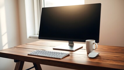 Fototapeta premium A workspace setup featuring a computer monitor keyboard mouse and mug on a wooden desk near a window