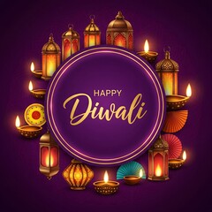 Naklejka premium Festive diwali celebration with glowing lanterns and traditional diya oil lamps on a dark purple background