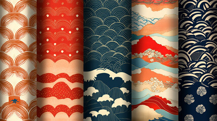 Traditional Japanese Wave and Cloud Textile Patterns in Decorative Design background,generative ai