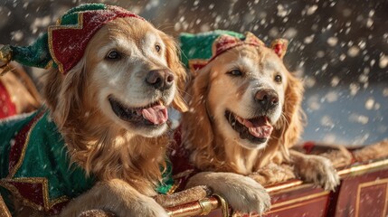 Two cheerful golden retrievers in Christmas costumes ride a sleigh as snow falls around them