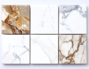 Six square tiles showcasing varied marble patterns;  light and dark tones with veining