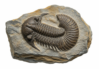 Fossilized Trilobite Embedded in Matrix Rock Showing Detailed Segmentation and Exoskeleton