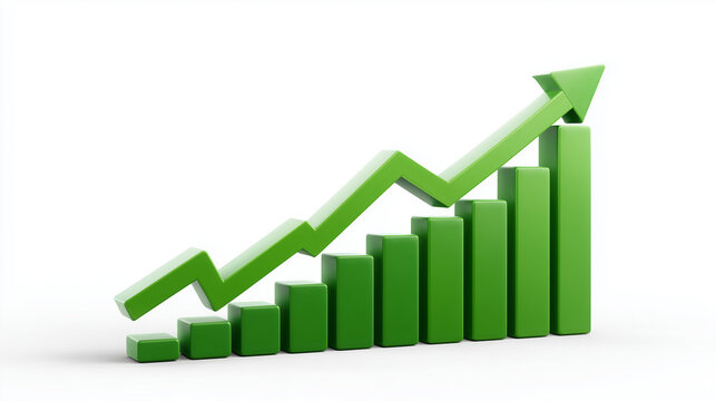 Green upward trend arrow graph showing progress and growth isolated on White background