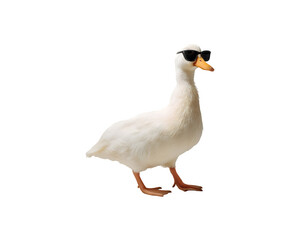 Fototapeta premium A white duck wearing black sunglasses stands confidently