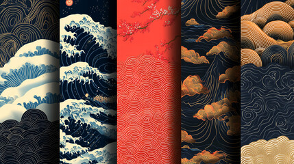 Traditional Japanese Wave and Cloud Textile Patterns in Decorative Design background,generative ai
