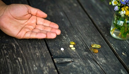 Hand outstretched over pills and wildflowers