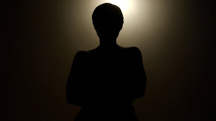 A silhouette in dim light with a faint glow, creating a mysterious and atmospheric mood.