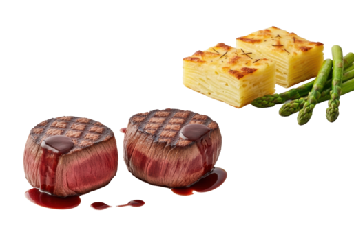 Two perfectly seared medium-rare filet mignon steaks with red wine reduction, potato dauphinoise, and green asparagus on minimalist white plates, isolated on transparent, gourmet culinary excellence