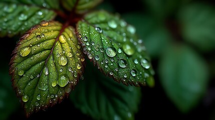 Closeup green leaf surface covered in morning dew high resolution photo