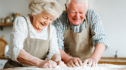Happy senior couple enjoys baking together in kitchen. Elderly man and woman knead dough with flour, wearing striped aprons, smiling while preparing homemade bread at home.