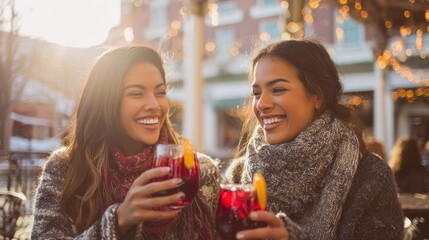 Two women raise colorful drinks in a cozy cafe adorned with holiday decorations