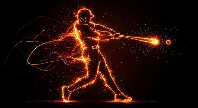 Fiery Baseball Player Swinging Bat with Intense Energy and Motion on Dark Background Illustration