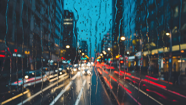 Rainy City Night Blurred Lights and Streaks Through Wet Window