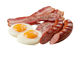 Photorealistic close-up of basted eggs with golden yolks, crisp peppered bacon, and seared caramelized sausage on a white plate, isolated on transparent background, cozy breakfast experience