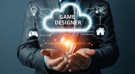Obraz premium Game Designer Conceptual Image Showcasing Innovative Ideas and Cloud Technology for Development with a Businessman in a Suit