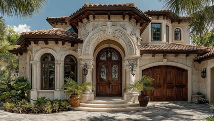Luxurious home entrance with intricate stonework