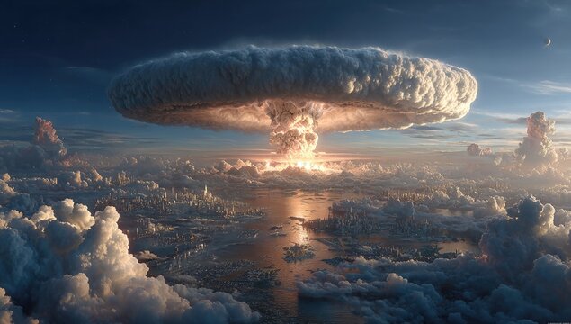 Huge mushroom cloud explosion over cityscapes - Powered by Adobe