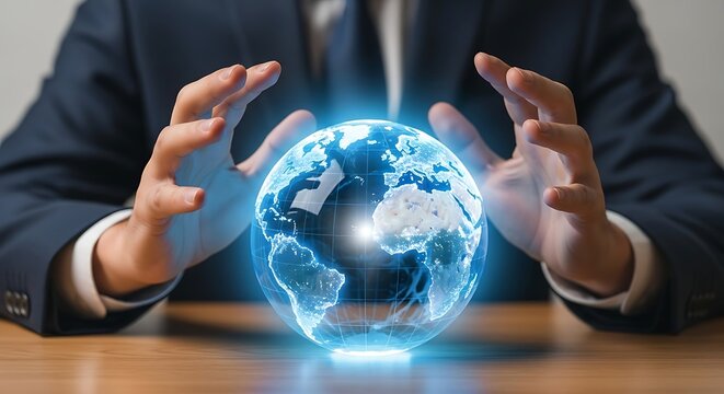 Global Business Strategy with Holographic Earth Globe Held by Business Executive Ready for Technological Innovation and Futuristic Global Leadership